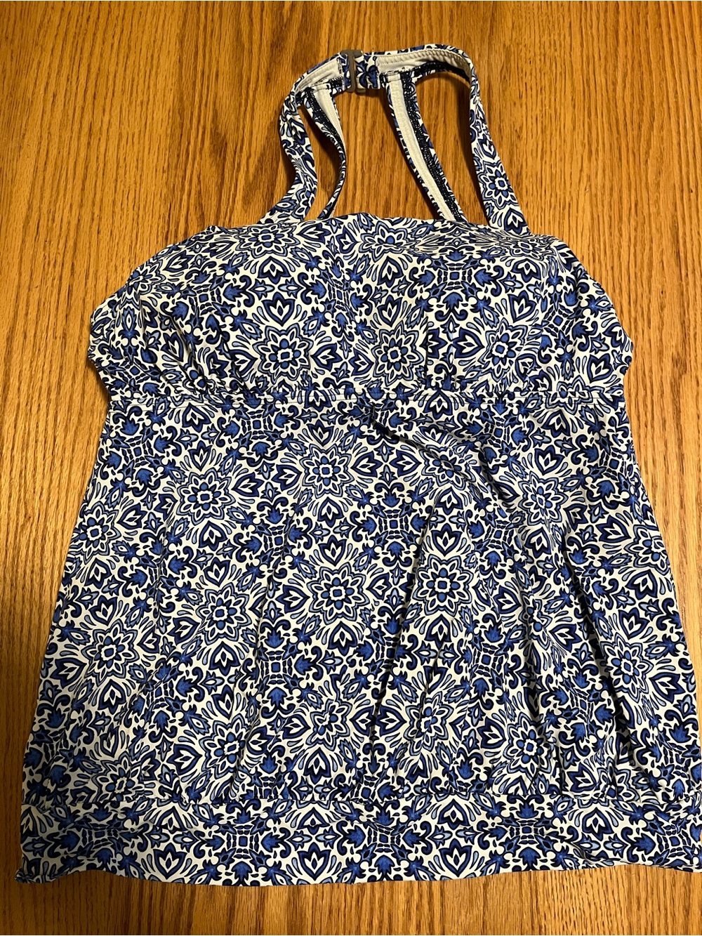 Lands' End Women's Sz 12 Blouson Tummy Hiding Tankini Swim Top Blue White Molded